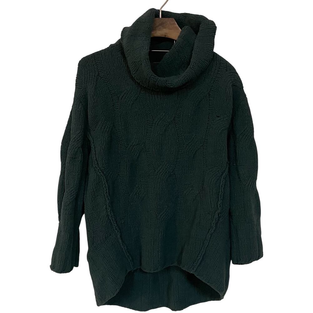Free People Green Cowl Neck Chunky Slub Cable Knit Sweater Oversized Hi Lo XS